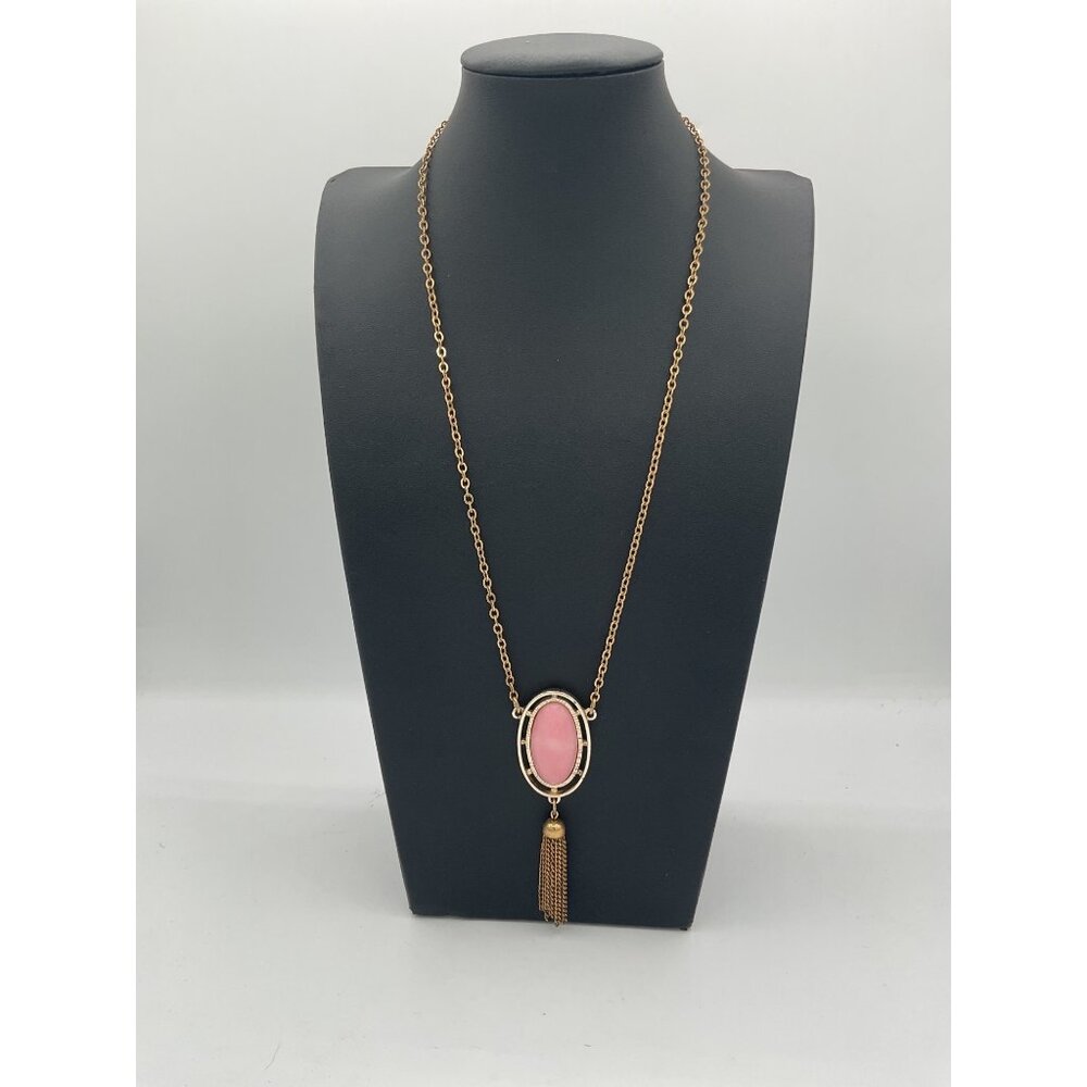 Vintage Sara Cov Gold-Tone Necklace Pink Lady Oval Pendant Tassel Adjustable